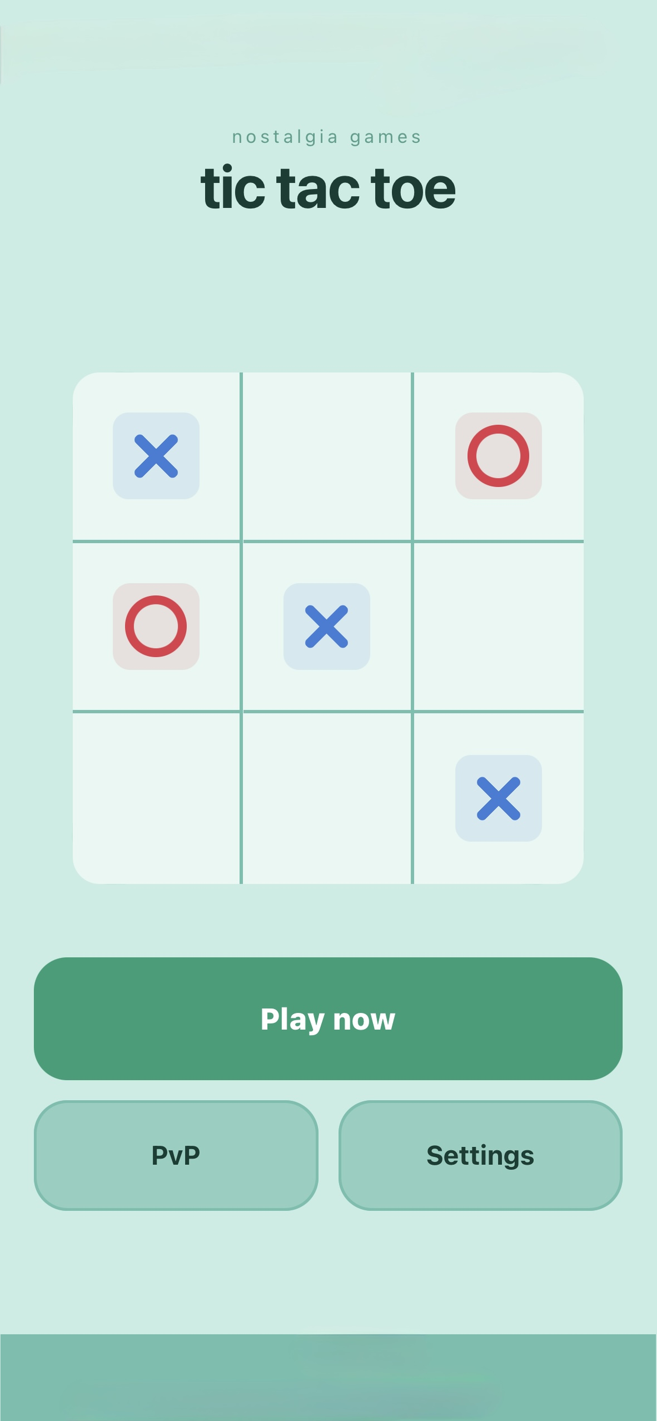 AI Tic Tac Toe X O home screen in the Mint theme with Play Now button