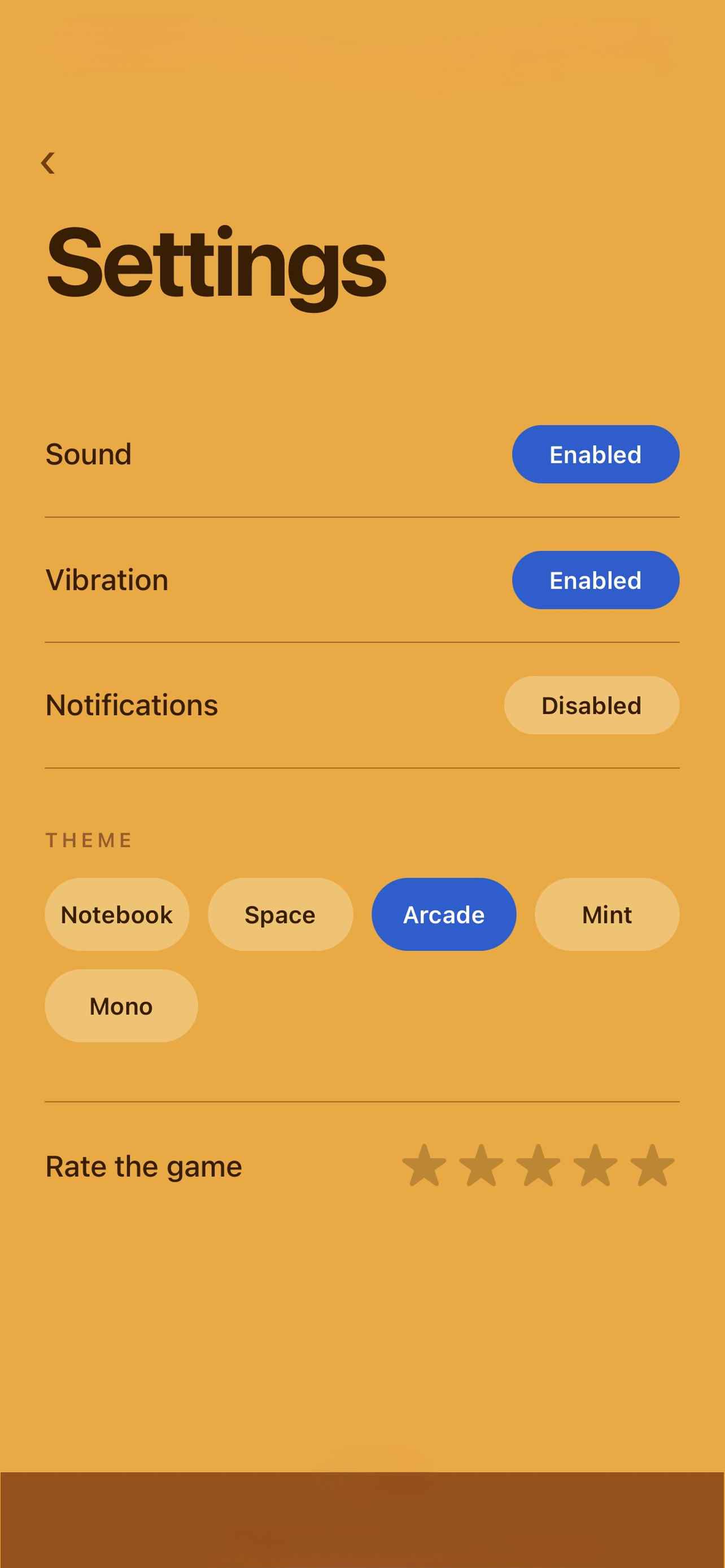 AI Tic Tac Toe X O settings screen showing the Arcade visual theme