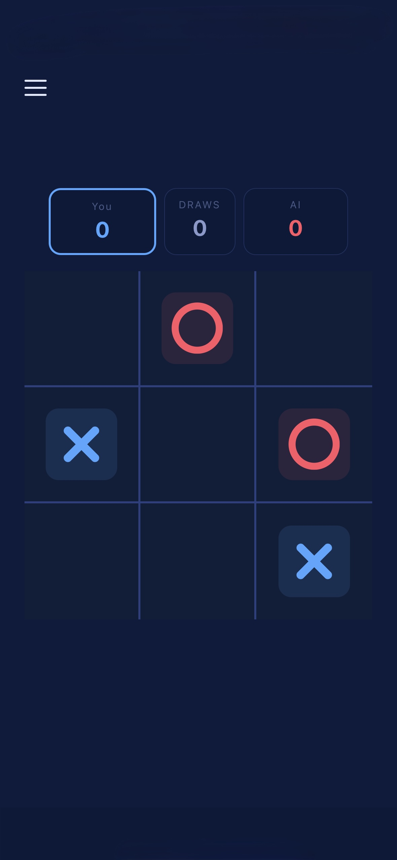 AI Tic Tac Toe X O gameplay screen showing a match in progress with live score